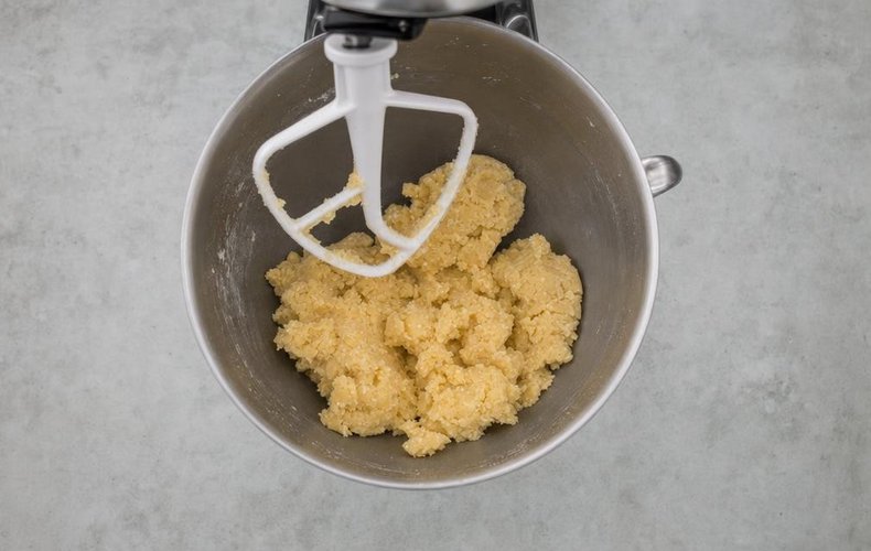 Russian Salad Tartlets, step 3: flours, starch and cheese worked into the dough