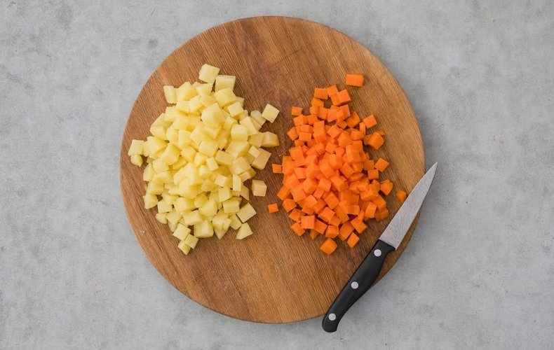 Russian Salad Tartlets, step 5: diced potato and carrot