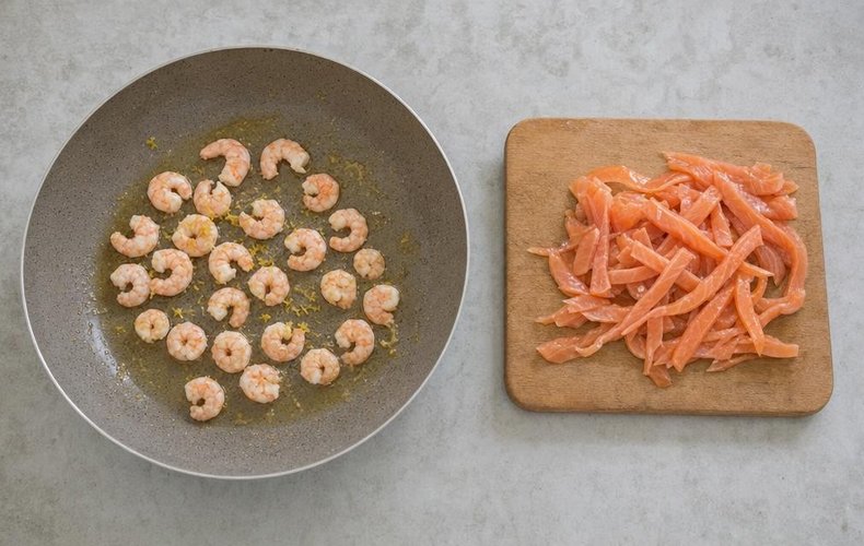 Salmon and Shrimp Lasagna, step 5: searing the shrimp and cutting the smoked salmon