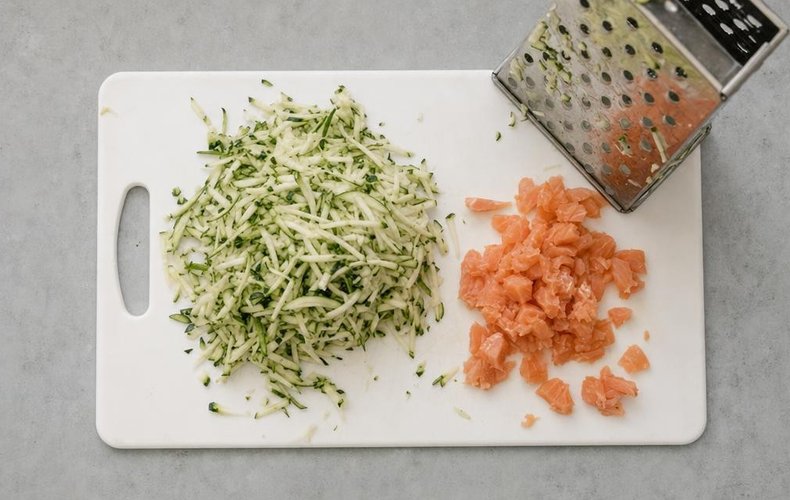 Salmon and Zucchini Fritters, step 4: julienned zucchini and chopped smoked salmon