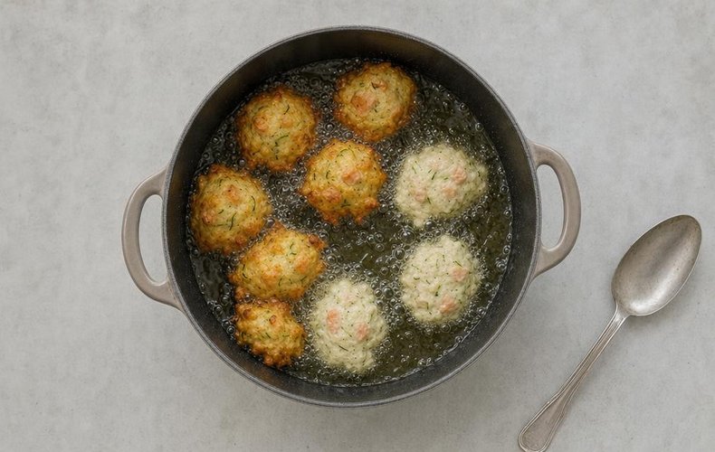 Salmon and Zucchini Fritters, step 7: frying spoonfuls of dough in hot oil