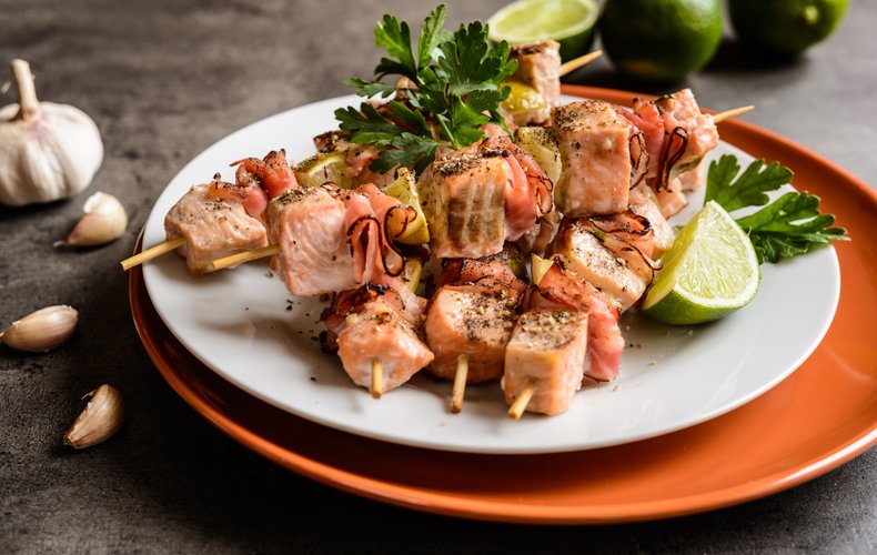 Salmon, bacon and lime skewers