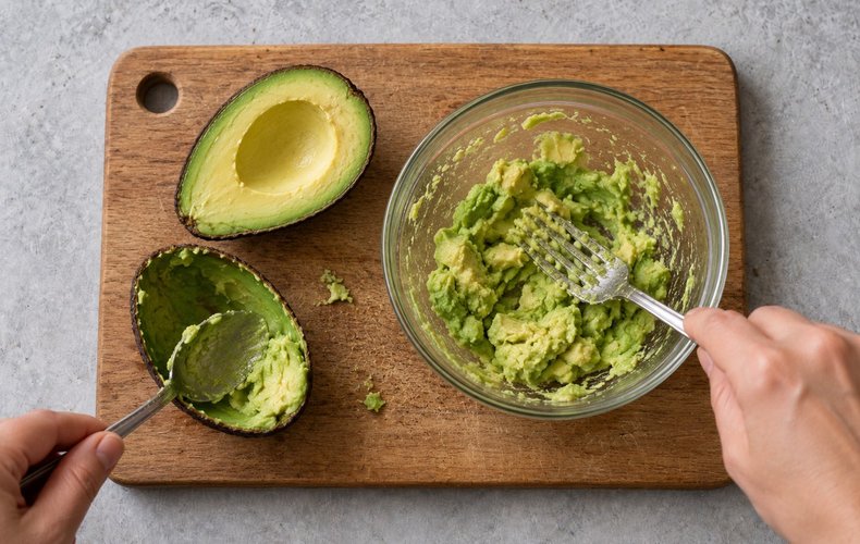 Halved avocado with the flesh scooped out