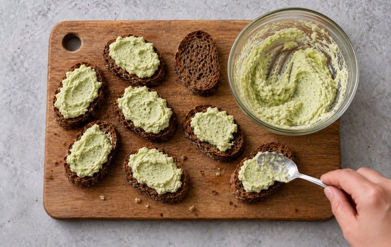 Avocado and ricotta mousse spread on toasted bread