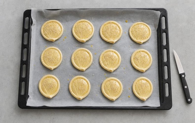 Salmon Puff Pastry Shells, step 3: pastry discs pinched at one end and scored with radiating lines