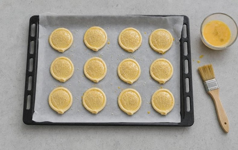 Salmon Puff Pastry Shells, step 4: shells on a lined baking sheet brushed with egg yolk and sprinkled with sesame seeds