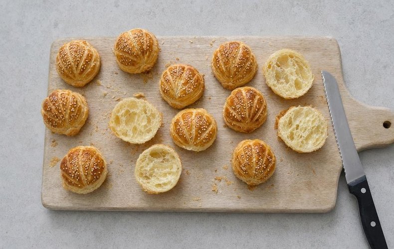 Salmon Puff Pastry Shells, step 7: cooled shells cut in half horizontally