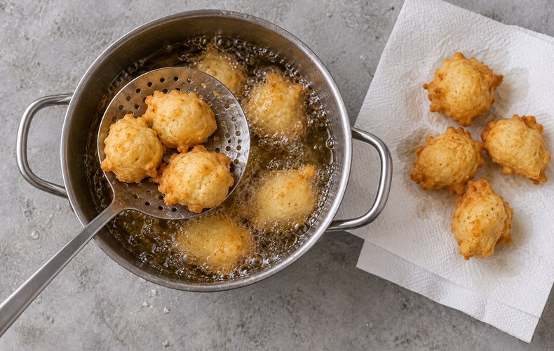Salt Cod Fritters, step 7: fritters frying in hot oil until puffed and golden