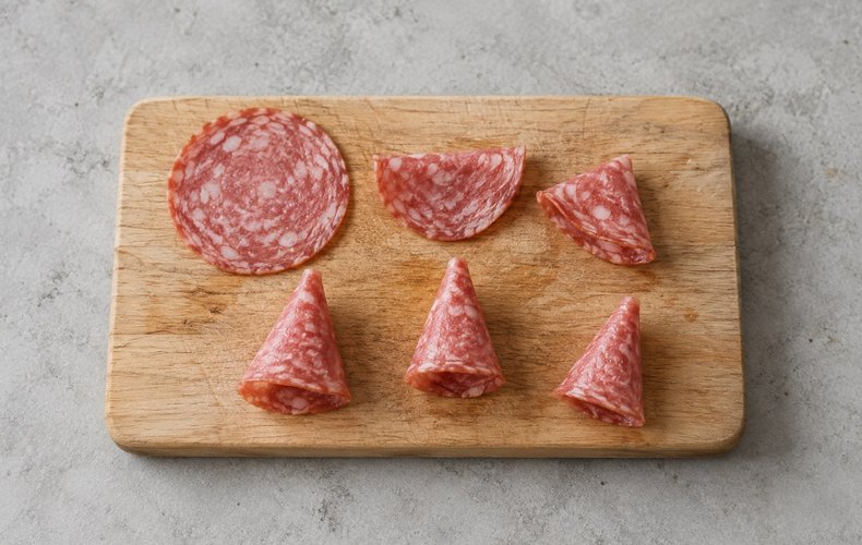 Folding slices of salami into small cones