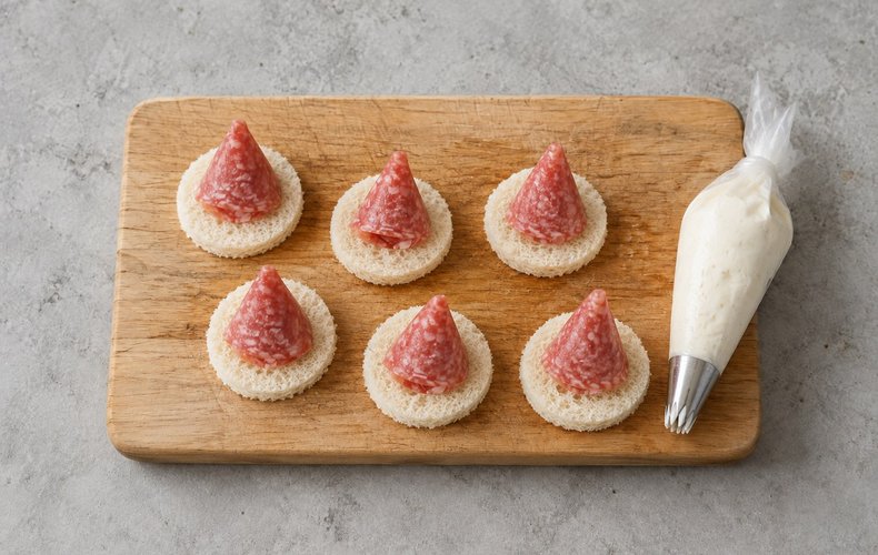 Salami cones placed on discs of sandwich bread