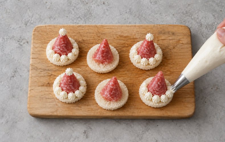 Piping cream cheese trim and pompoms on the salami hats