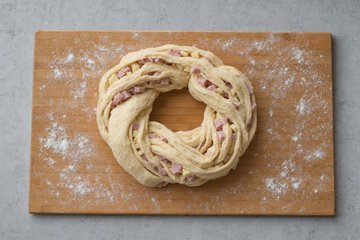 Savory Bread Wreath, step 3: twisting the dough into a wreath