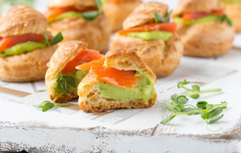 Savory choux puffs with avocado and salmon recipe