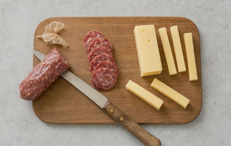 Slicing the salami and cutting the Emmental into sticks