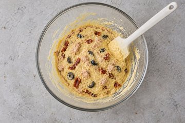 Savory Christmas Tree, step 4: tuna, sun-dried tomatoes and olives added to the batter