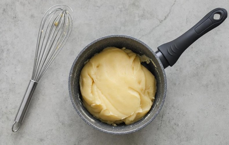 Savory Cream Puffs, step 1: choux pastry dough cooked in a saucepan