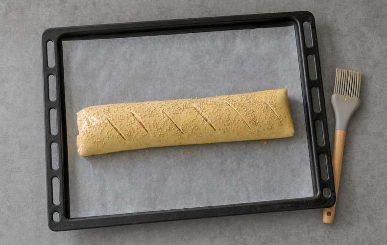 Savory Green Apple and Salmon Strudel, step 3: the roll brushed with egg, sprinkled with sesame seeds and scored