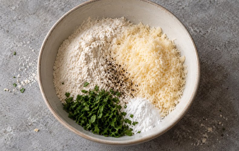 Savory Parmigiano Cookies, step 1: flour, grated cheese, pepper and parsley in a bowl