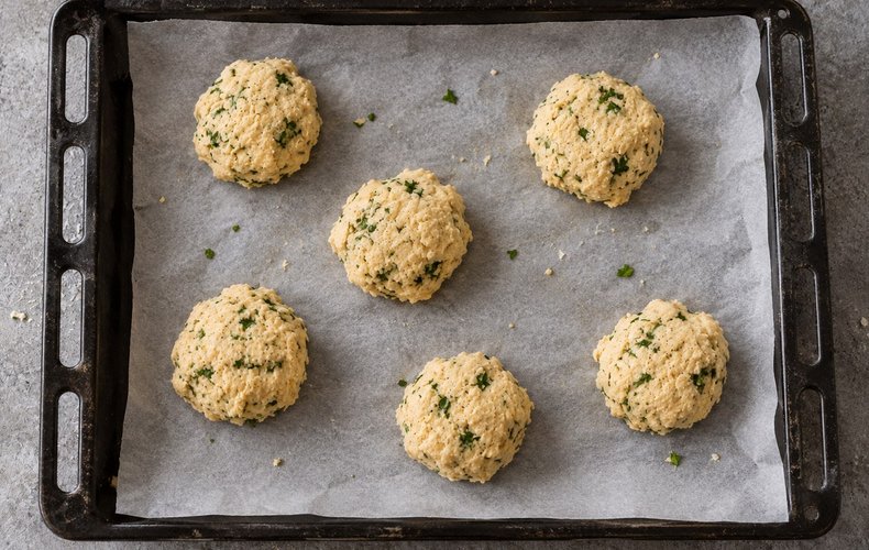 Savory Parmigiano Cookies, step 3: flattened balls of dough on a lined baking sheet