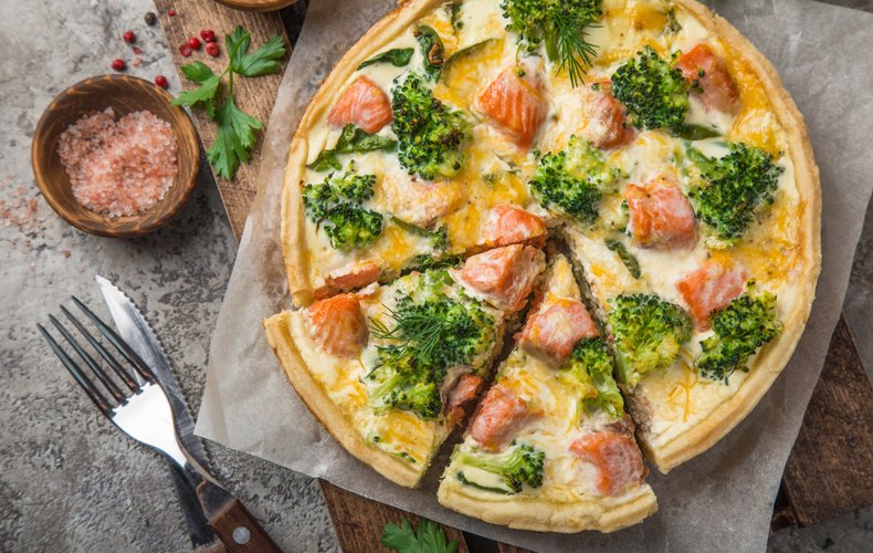 Savory pie with smoked salmon, broccoli, and spinach