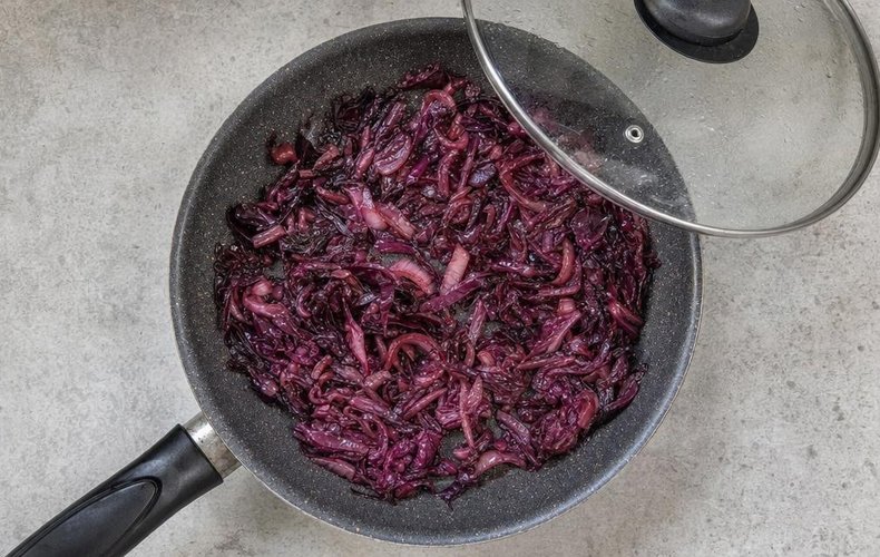Savory Radicchio, Gorgonzola and Pear Strudel, step 1: wilting the sliced radicchio in a skillet