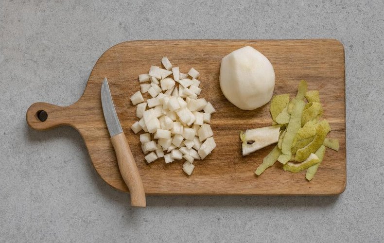 Savory Radicchio, Gorgonzola and Pear Strudel, step 2: peeling and chopping the pear