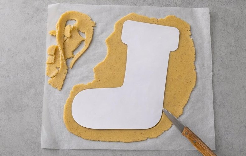 Shortcrust Pastry Befana Stocking, step 3: shortcrust stocking cut out with the paper template