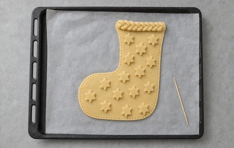 Shortcrust Pastry Befana Stocking, step 7: decorated stocking with pastry braids and stars