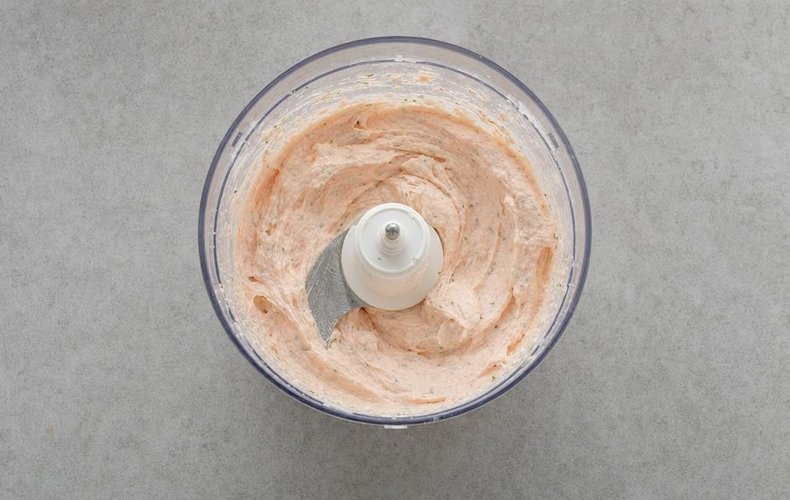 Shrimp Crostini with Salmon Cream, step 4: the blended salmon and mascarpone cream