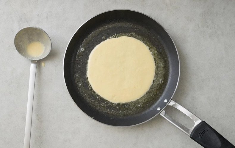Smoked Salmon Crepes, step 3: pouring batter into the crepe pan
