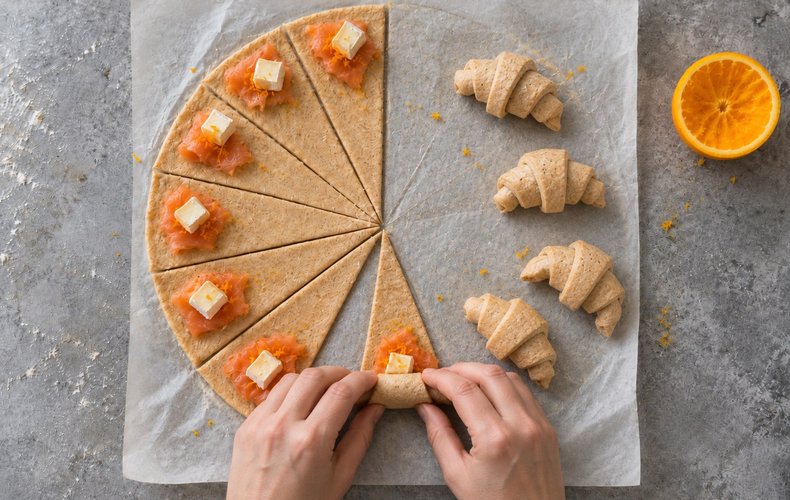 Smoked Salmon Puff Pastry Crescents, step 4: rolling the triangles into crescents