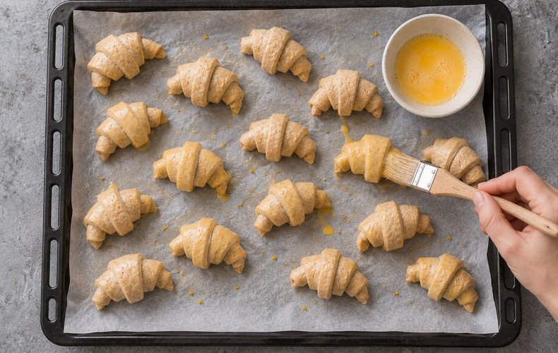 Smoked Salmon Puff Pastry Crescents, step 6: brushing the crescents with egg yolk and milk