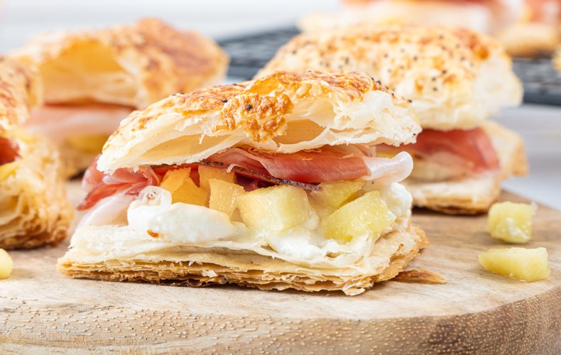 Speck, apple and ricotta millefeuilles ready to serve