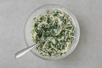 Spinach and Ricotta Savory Pie with Potato Crust, step 5: ricotta, egg, spinach and onion filling in a bowl