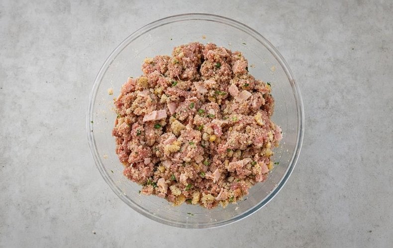 Stuffed Christmas Turkey, step 3: chopped chestnuts mixed into the stuffing