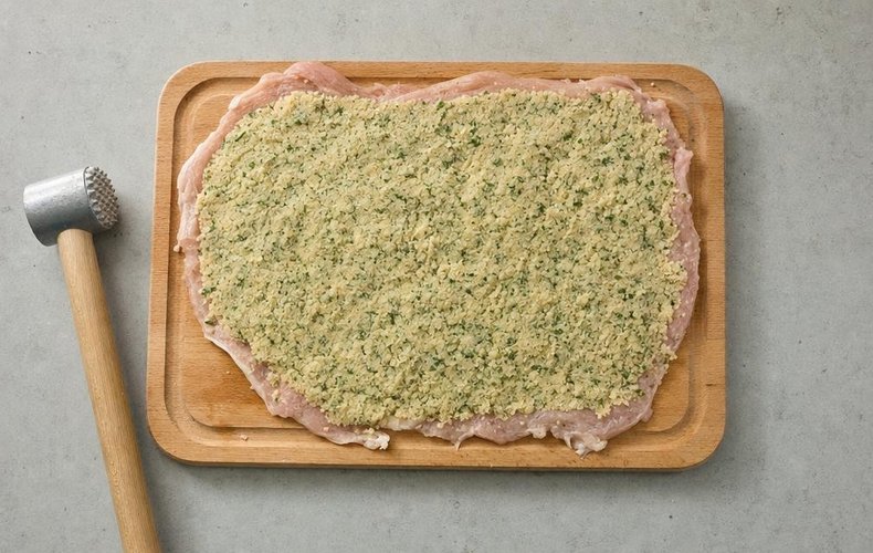 Stuffed Roast Turkey Roll, step 4: the pounded turkey breast covered with the stuffing