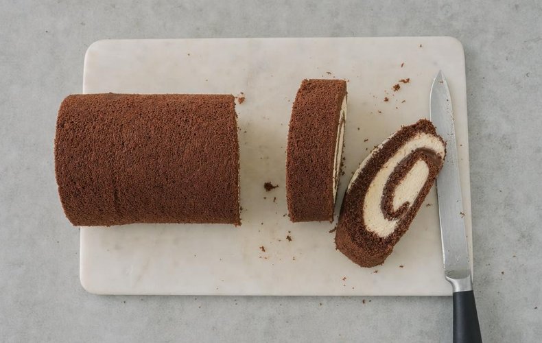 Tiramisu and Nutella Yule Log, step 7: the roll cut in half and on the diagonal
