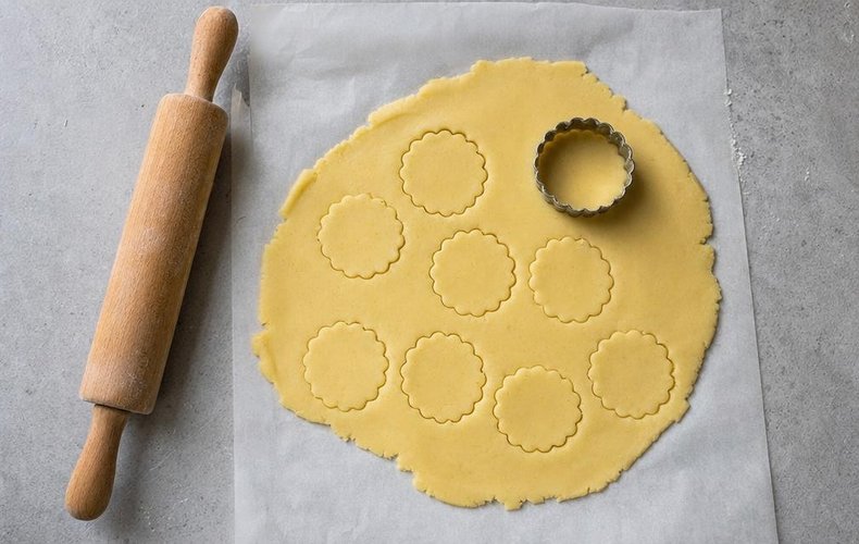 Tyrolean Jam Cookies, step 3: rounds cut from the rolled-out dough with a fluted cutter