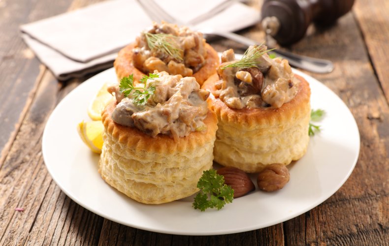 Vol-au-vent filled with creamy sautéed mushrooms