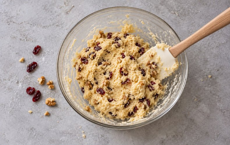 Walnut and Blueberry Cookies, step 2: dried blueberries and chopped walnuts added to the dough