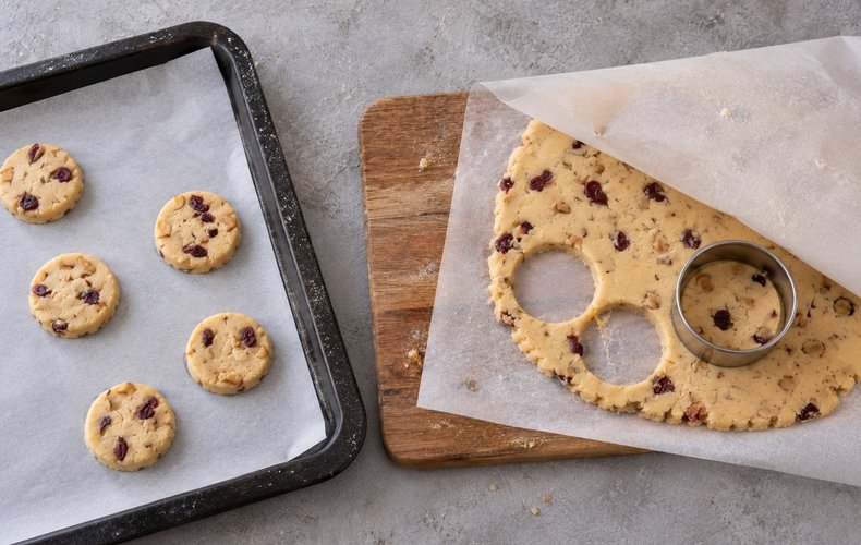 Walnut and Blueberry Cookies, step 4: rounds cut from the rolled-out dough